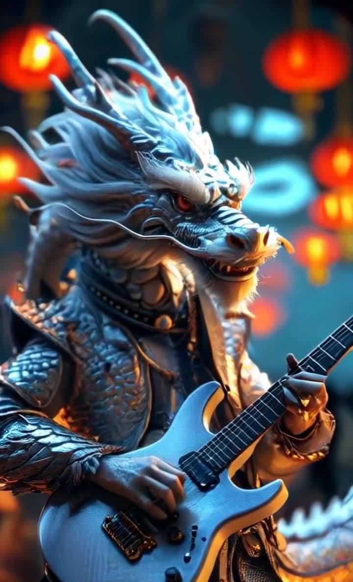 银色巨龙演奏蓝色电吉他摇滚乐