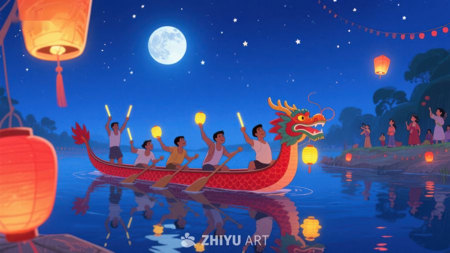 月夜龙舟竞渡，灯火辉煌 445