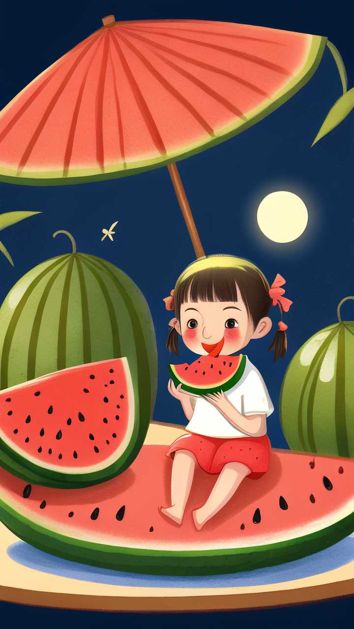 夜晚女孩吃西瓜插画
