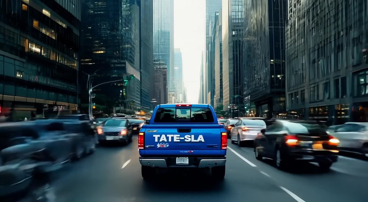 一辆蓝色皮卡车，车身印有TATE-SLA”字样，正