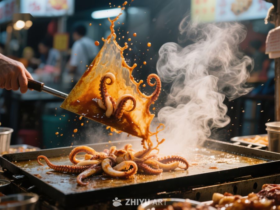 街头夜市烤鱿鱼，热气腾腾