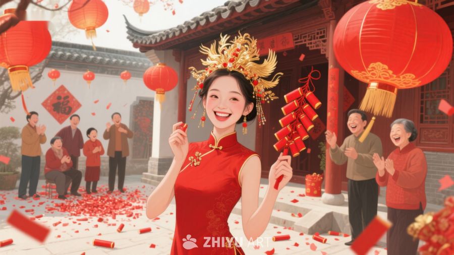 传统节日庆典，女子身着红衣手持鞭炮 60