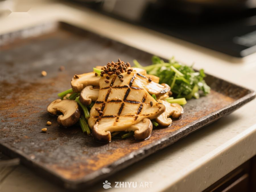 烤制菌菇与蔬菜的精美摆盘 608