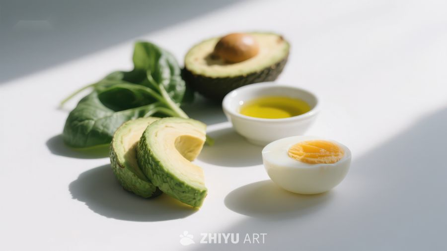 新鲜食材：牛油果、鸡蛋与绿叶蔬菜