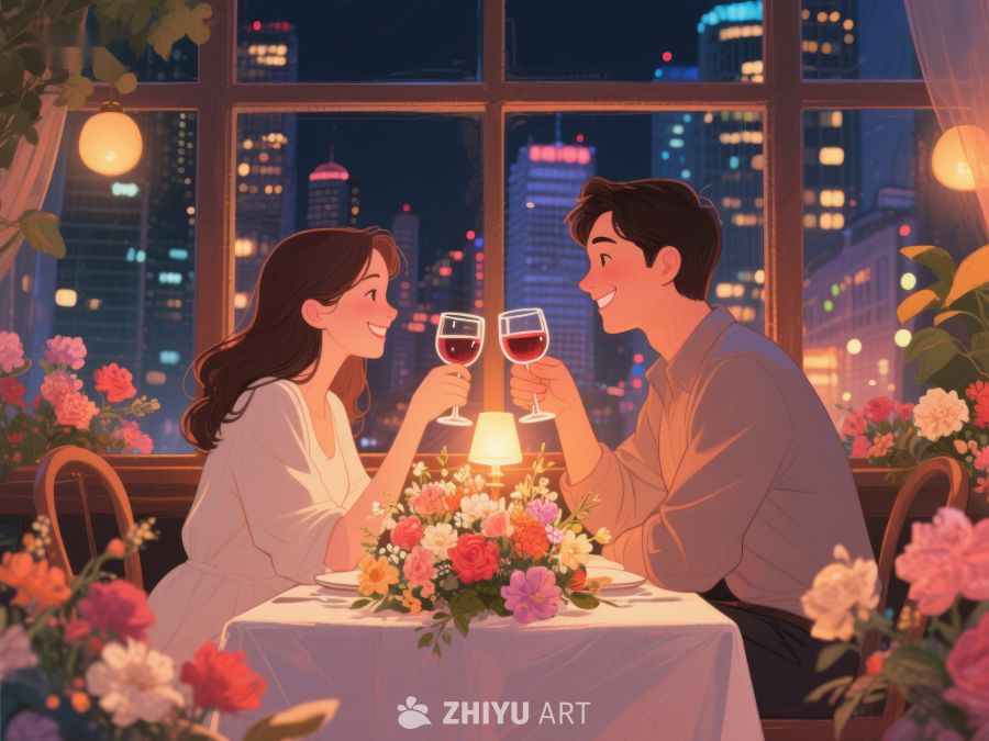 情侣在夜晚城市景观中享用浪漫晚餐 562