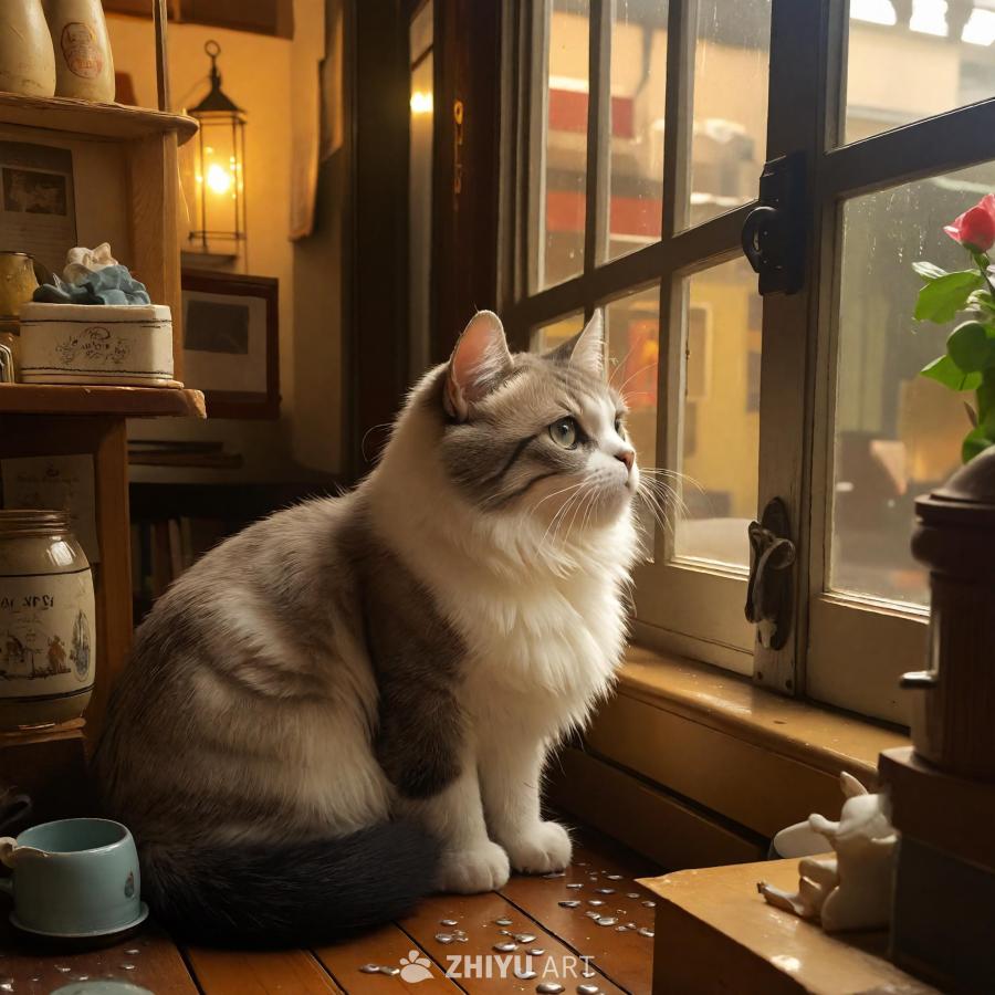 一只猫在室内商店里，看着窗外，外面是阳光明媚的雨天