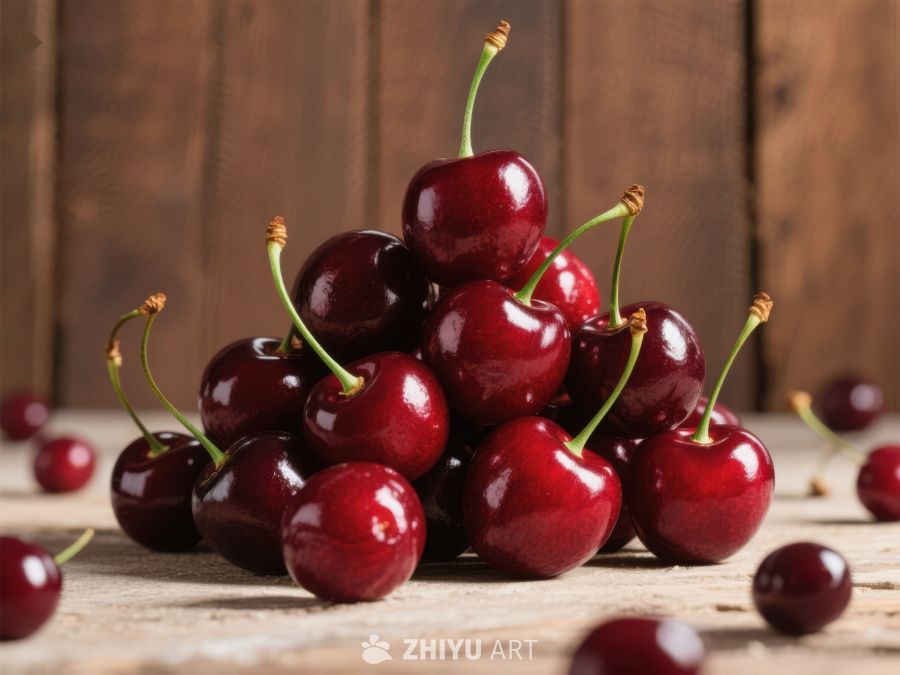 新鲜樱桃堆叠在木质背景上 751