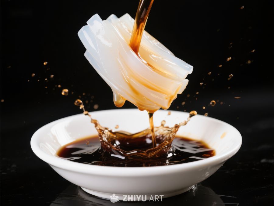 酱汁淋洒在白色碗中的食材上 385