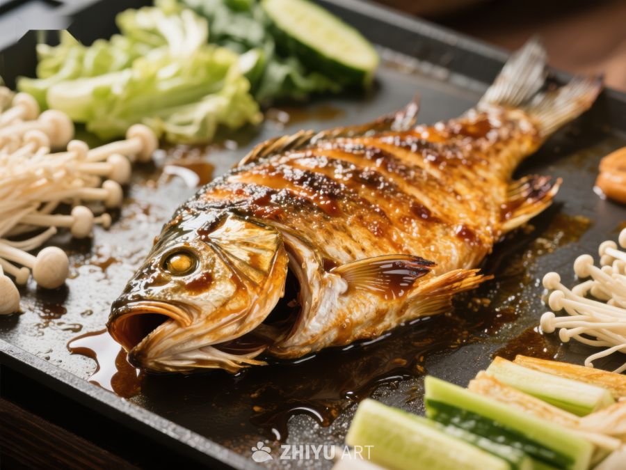 烤鱼配蔬菜的美食特写