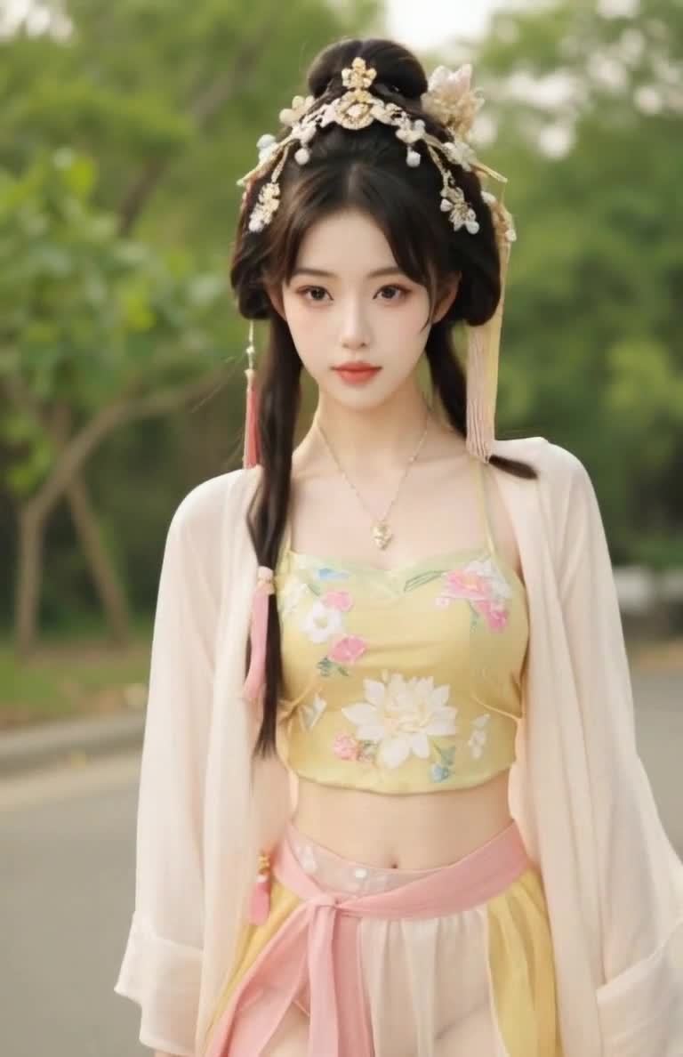 汉服少女：花饰吊带纱衣与粉腰带的夏日清新装扮