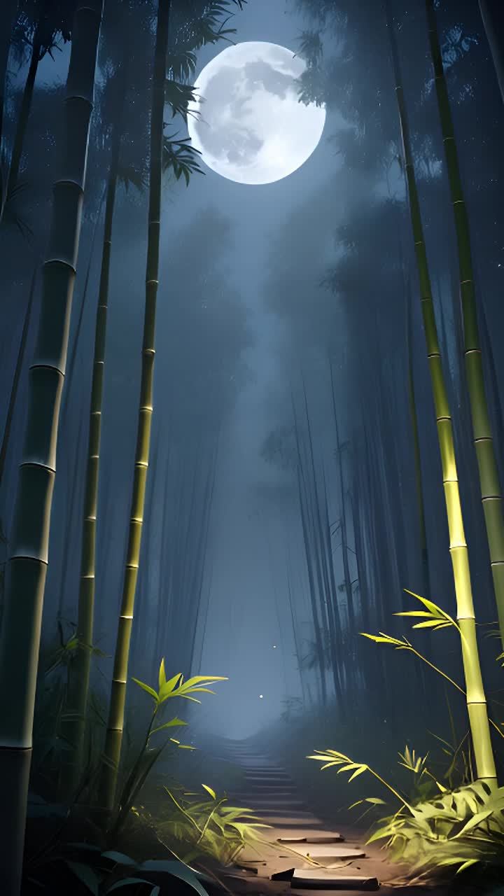 竹林深处，月光皎洁，照亮夜色中的雾气。雾气部分遮挡
