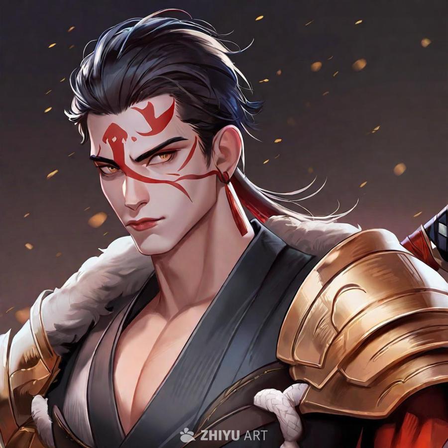 一位身着武士服装的男子，脸上绘有红色图腾，眼睛呈黄