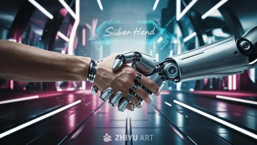 一只人手与 Siber Hand 仿生假肢握手。背