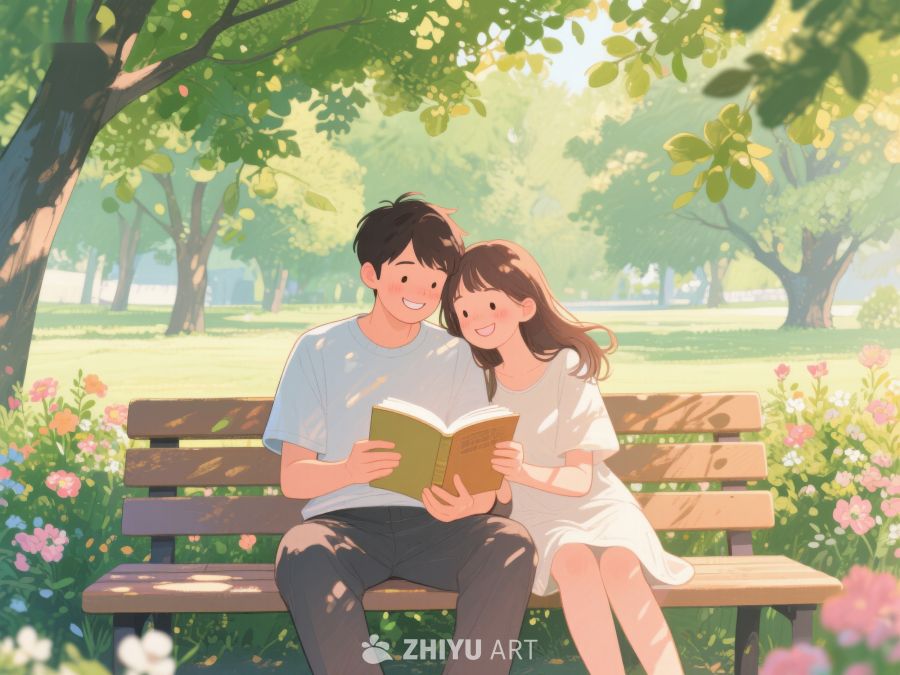 公园长椅上共读的年轻情侣 215