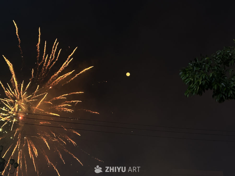 夜空下的烟花与月亮