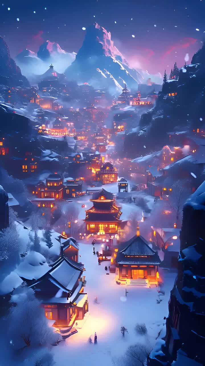 雪山脚下的古村落，被皑皑白雪覆盖。村子里炊烟袅袅，