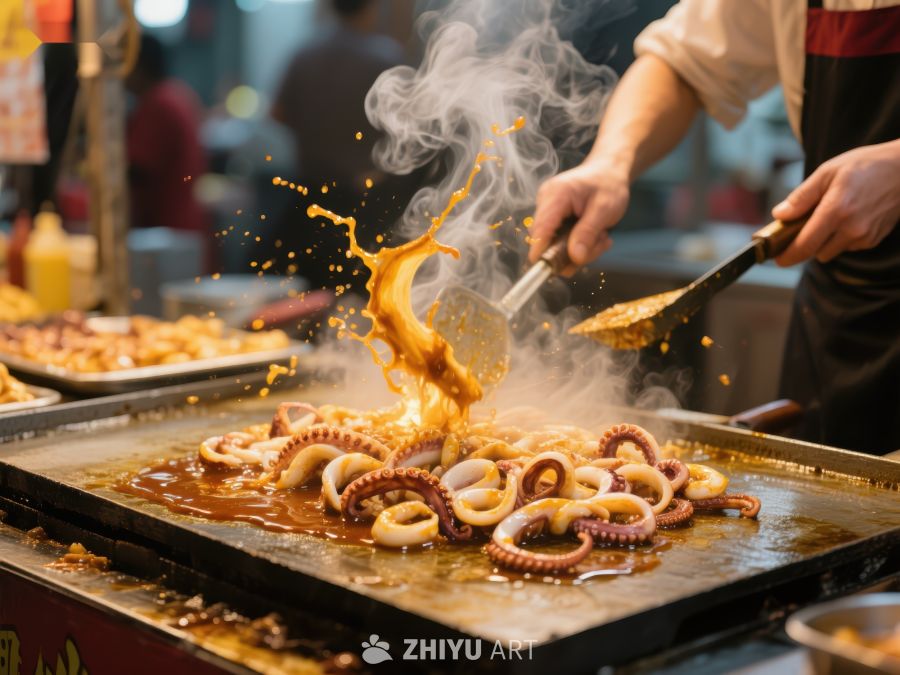 街头美食：铁板鱿鱼的美味瞬间