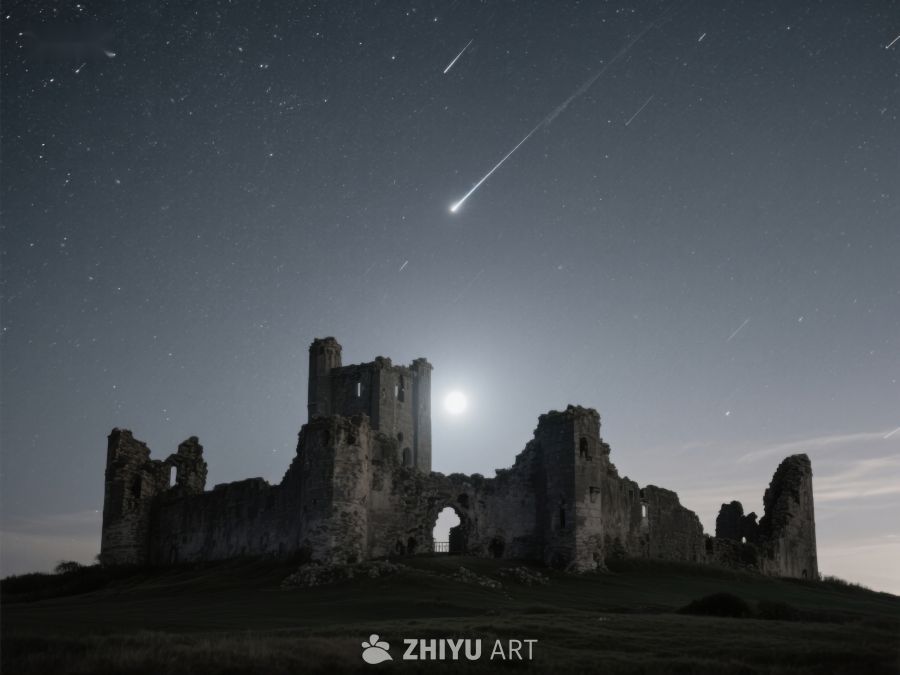 夜空流星划过古老城堡 259