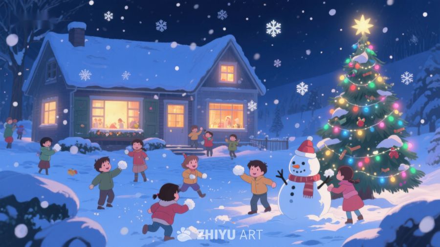 冬夜雪地中的欢乐圣诞场景 87