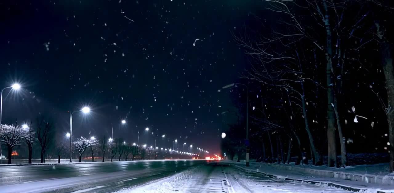 夜晚雪夜街道，路灯下雪花纷飞，湿滑道路闪烁。