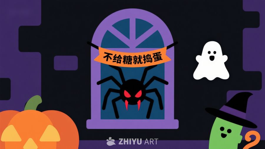 万圣节主题插画：蜘蛛与幽灵