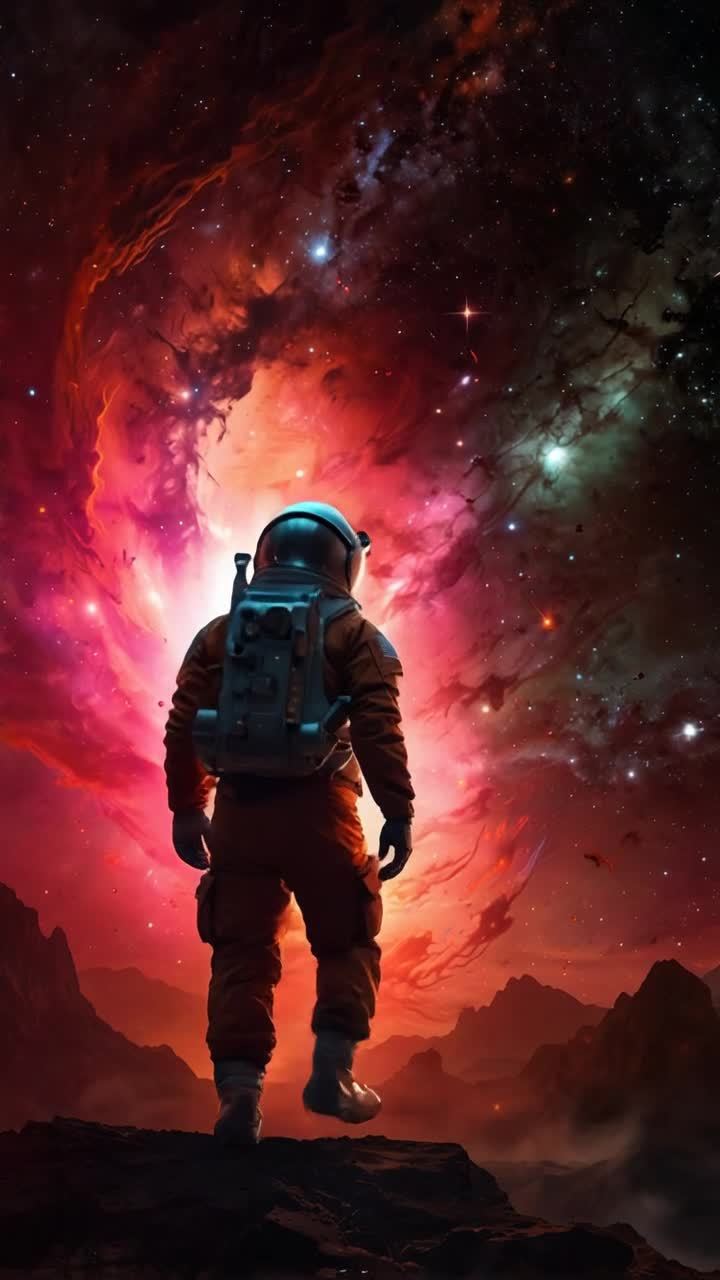 一名宇航员缓缓行走，观察着星云。他观察着一个巨大的