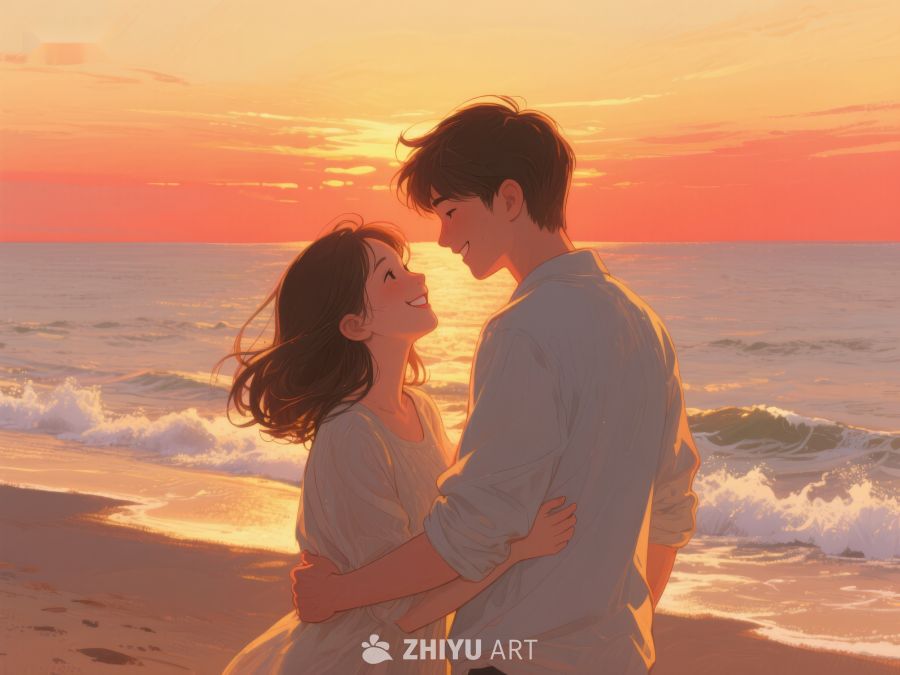 海边日落下的情侣拥抱 267