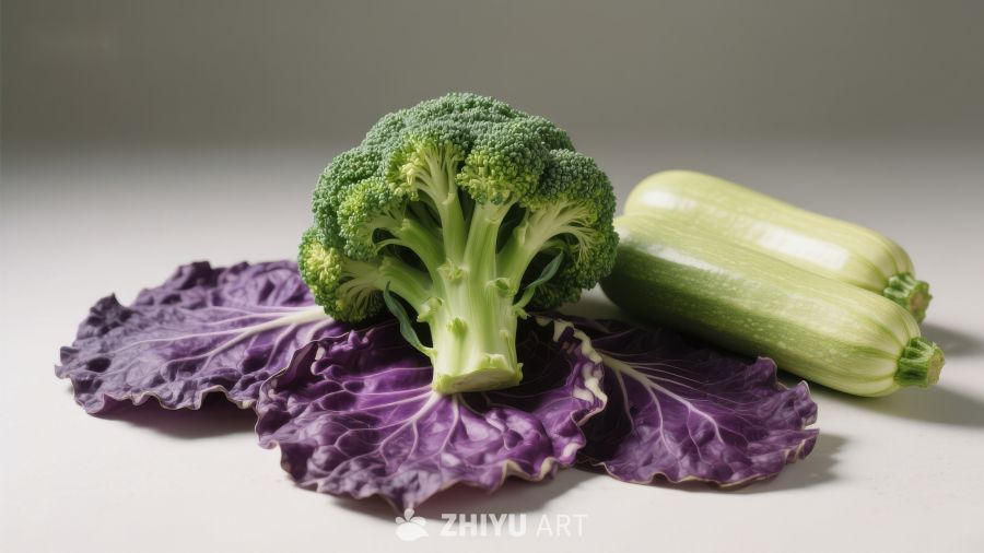 新鲜蔬菜组合：西兰花、紫甘蓝与青瓜