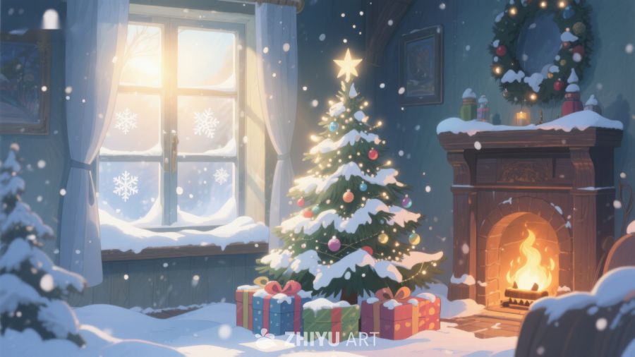 温馨圣诞树与壁炉的室内场景 273