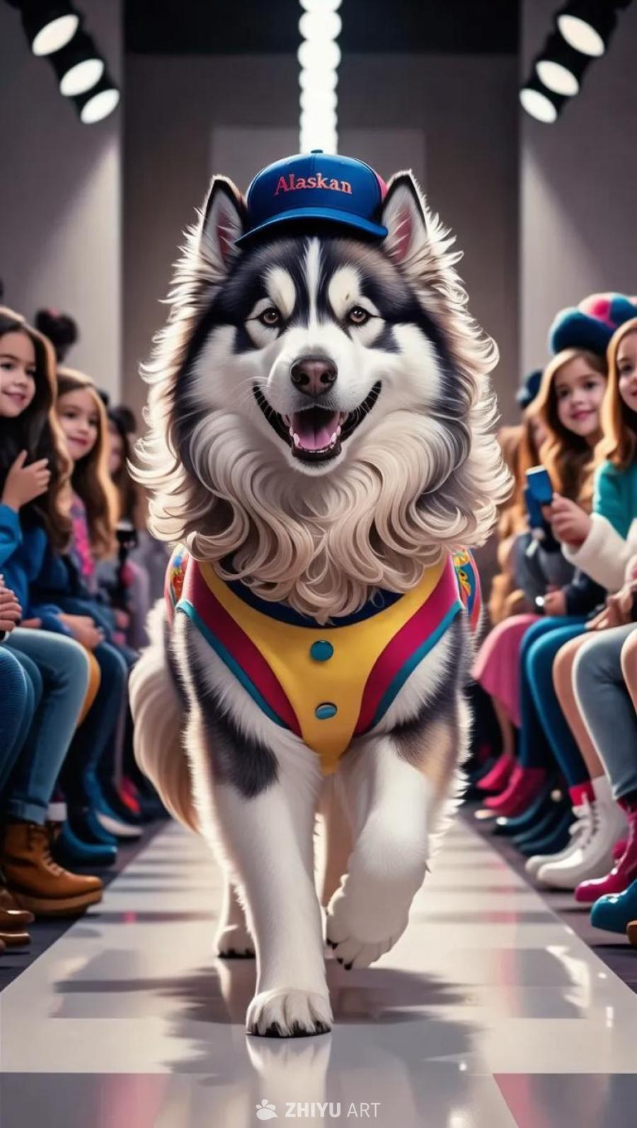 一只大型长毛的阿拉斯加犬，穿着五颜六色的童装，头戴
