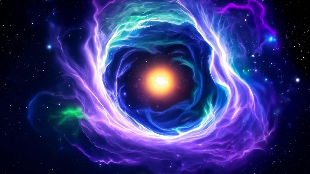 一个环状星云呈现，其复杂的发光气体结构构成一个完美