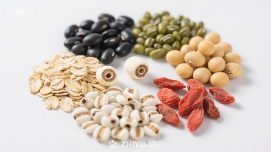 多种健康谷物与豆类展示