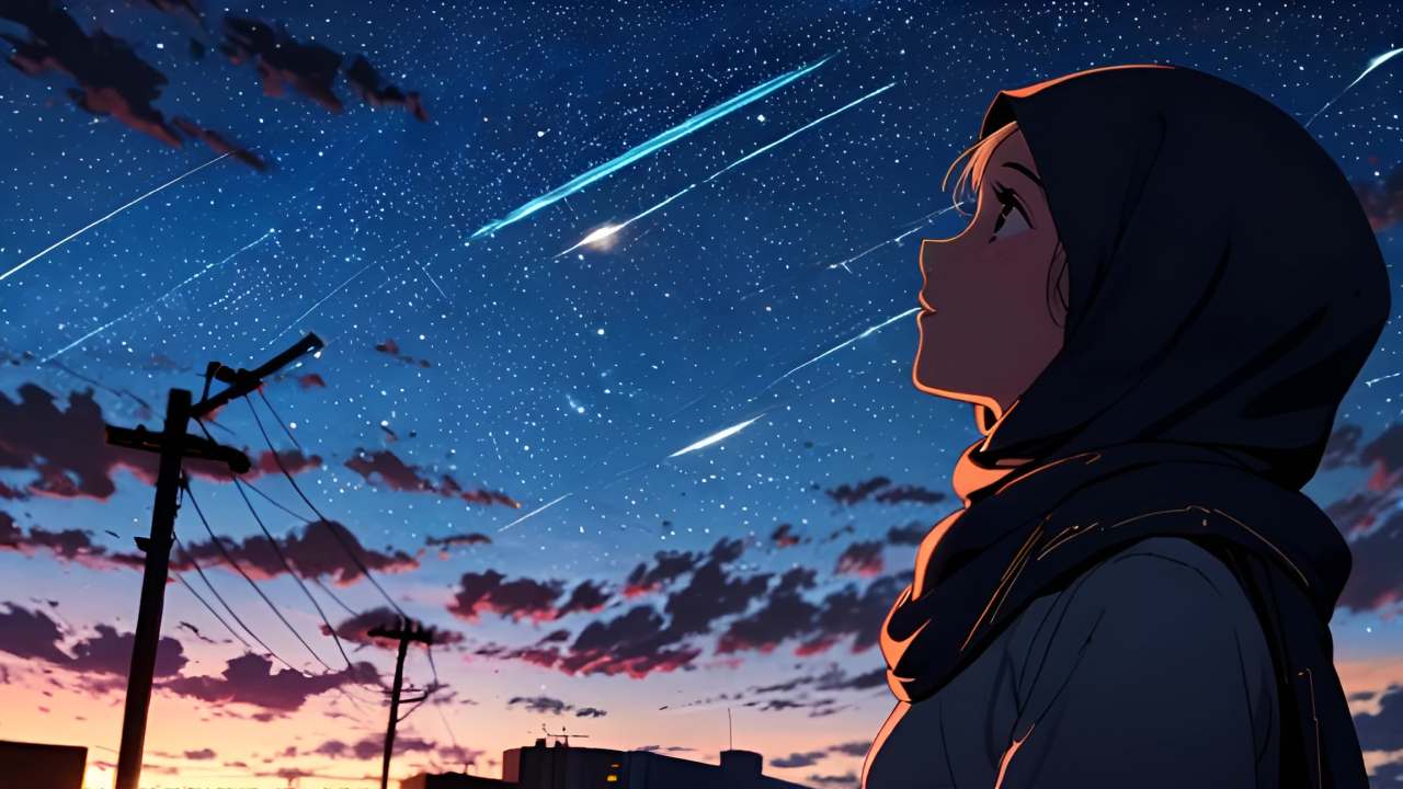 一位戴着头巾的女性侧脸看着天空，天空中有星星和流星
