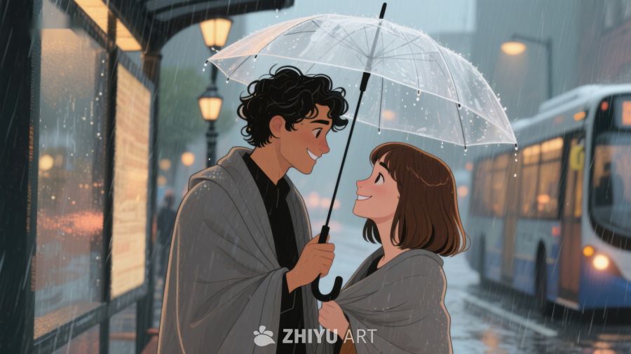 雨中情侣共享透明伞 646