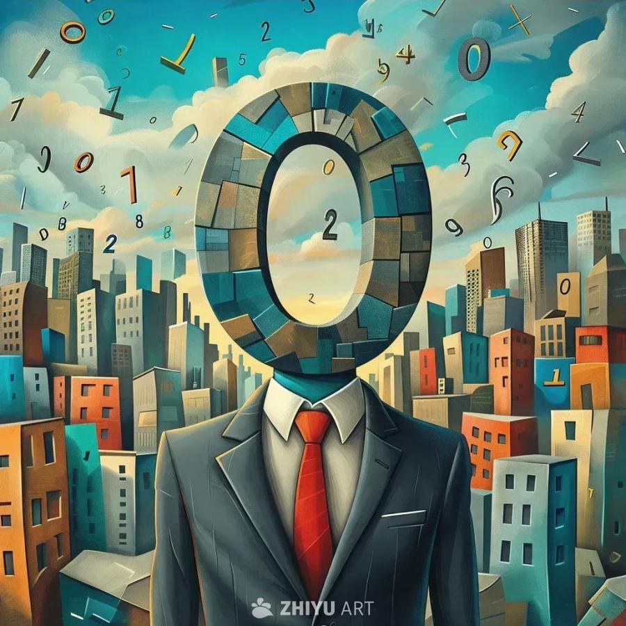 一个卡通人物穿着西装，头部被一个大的、粗体的数字零