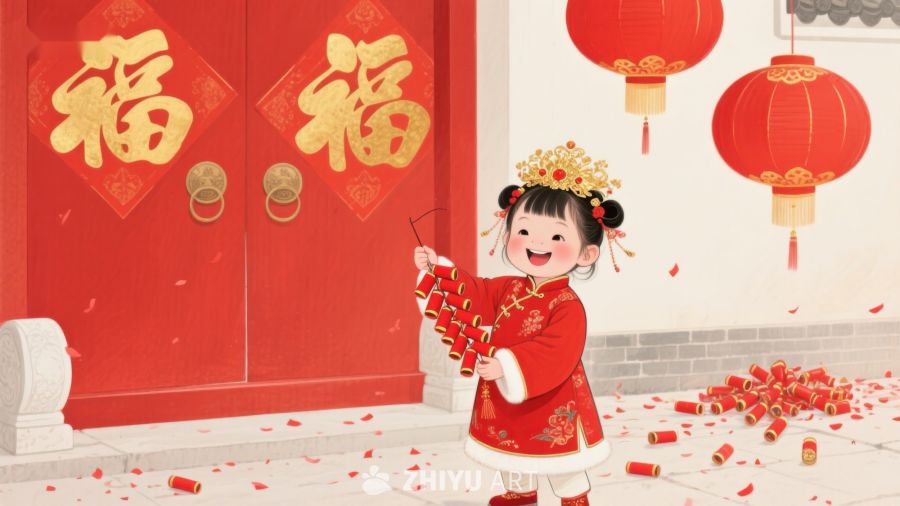 小女孩庆祝春节，手持鞭炮 125