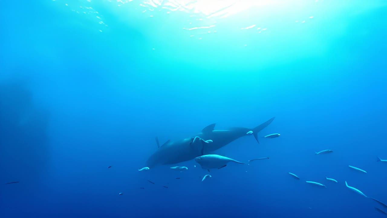 在深蓝色海水中，两条较大的海洋生物在水中游动，周围