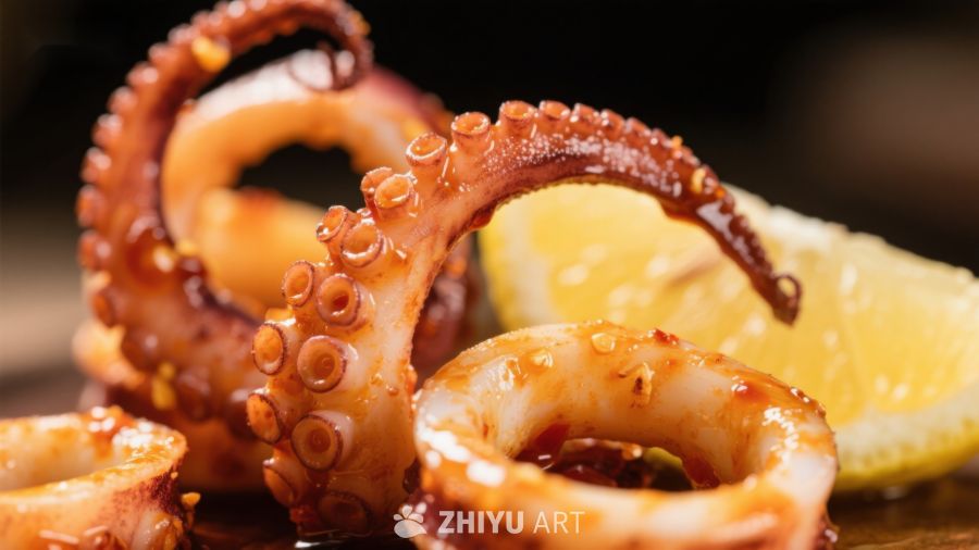 烤鱿鱼配柠檬，美味海鲜佳肴