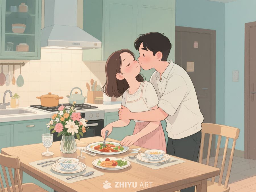 厨房温馨时刻：情侣共进晚餐 34