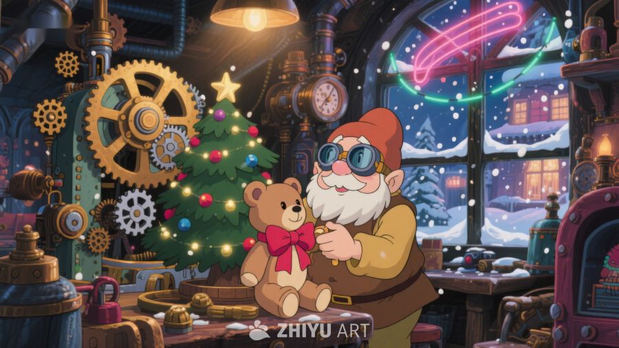 蒸汽朋克圣诞夜：老人与熊的温馨时刻 497