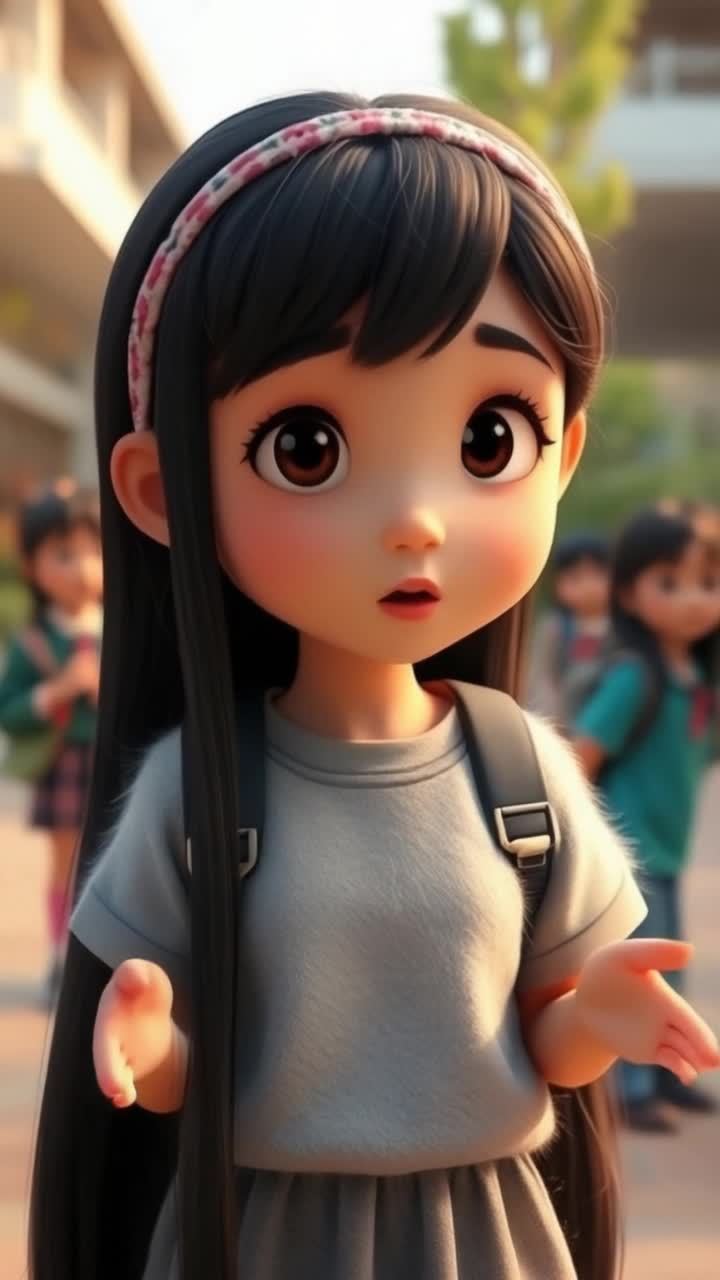 一个穿着灰色上衣，黑色长直发的女孩，头戴印花发带，