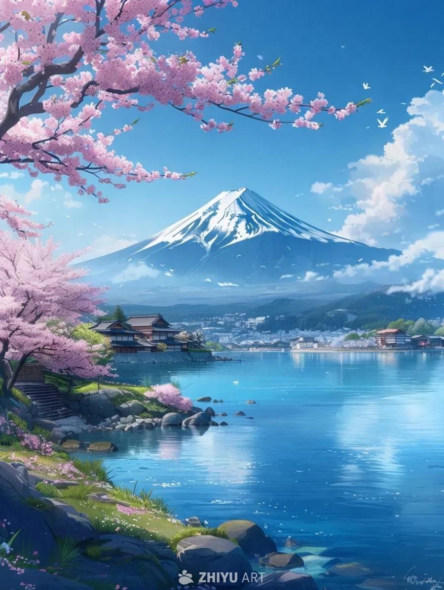 雪山山顶被白雪覆盖，山脚下是城市和房屋建筑。一片水
