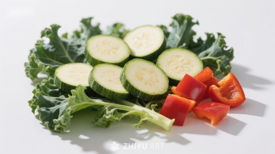 新鲜蔬菜组合：黄瓜、红椒与羽衣甘蓝