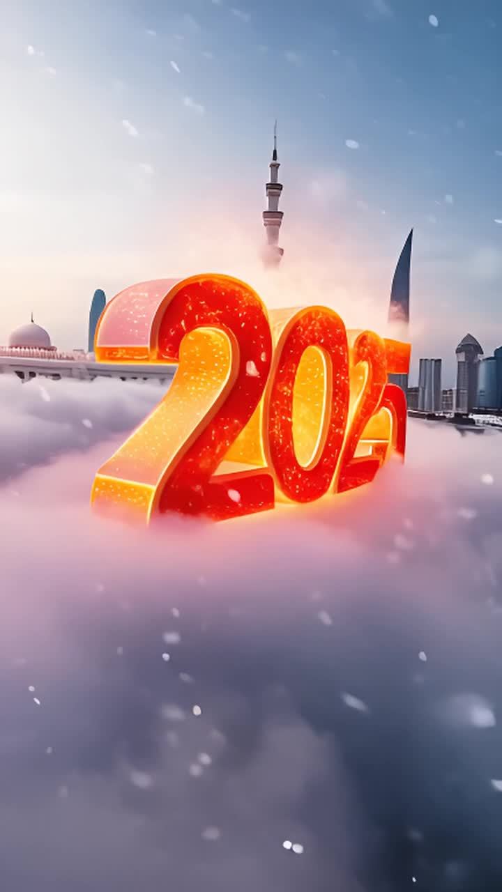 阿布扎比的天空中，一个发光的红橙色数字2025悬浮