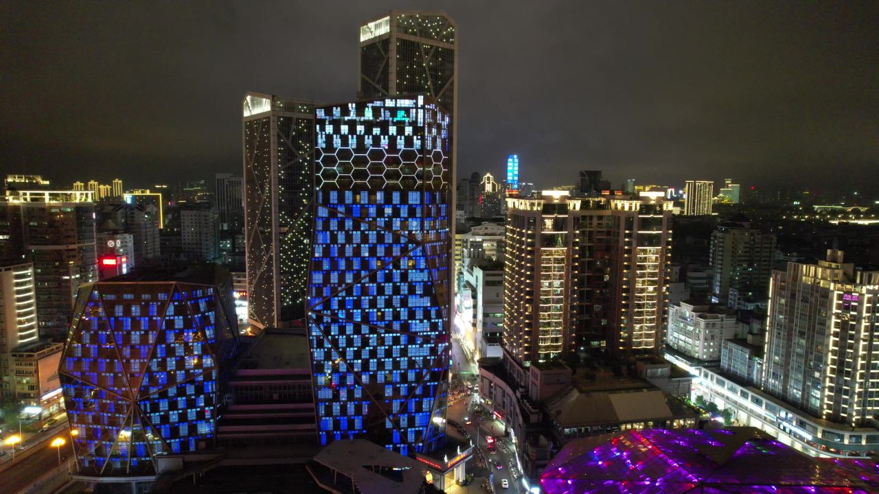 广西柳州市中心夜景灯光航拍 