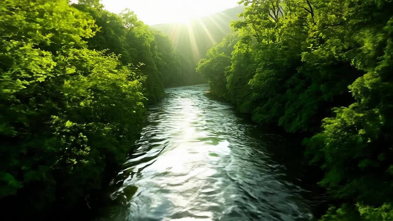 一条清澈的河流在茂密的绿色森林中蜿蜒流淌。阳光穿过