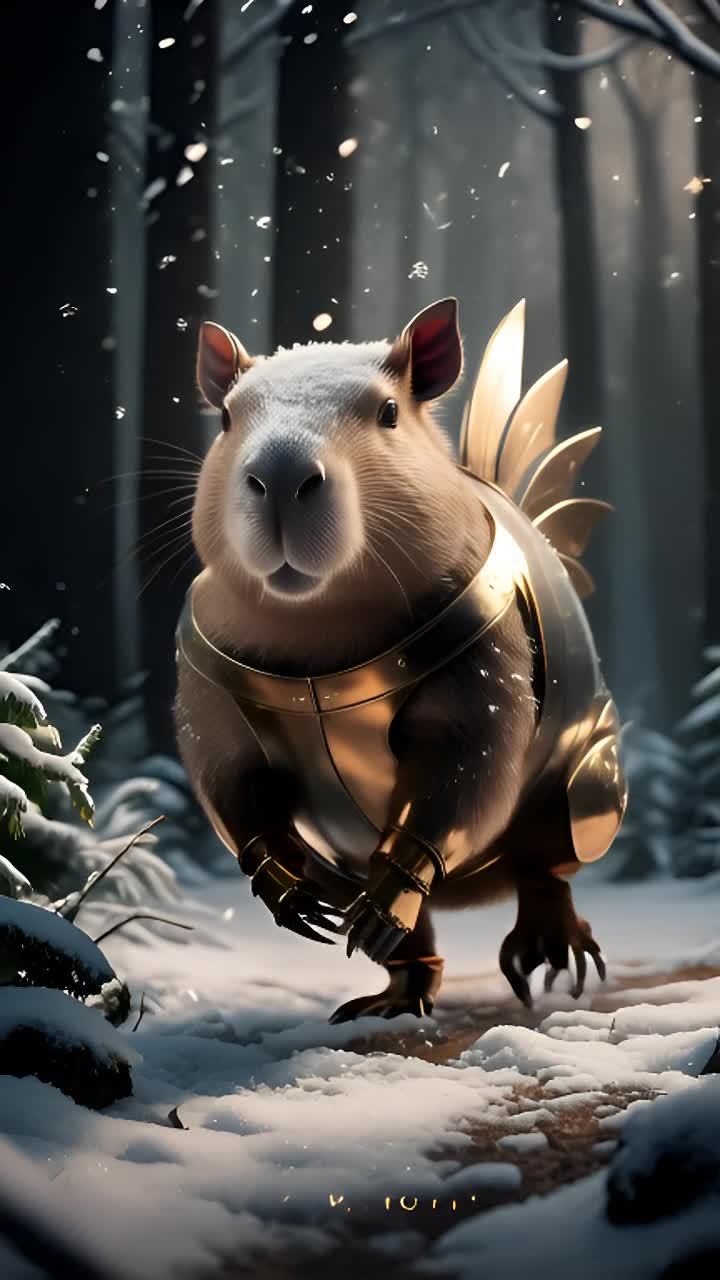 在白雪覆盖的森林空地上，一只水豚正在行走。水豚的身