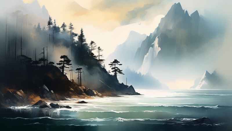 雾气缭绕水墨山水画简约风格 1