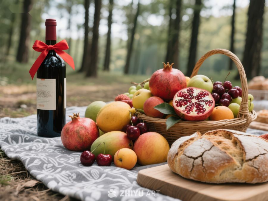 林间野餐：面包、水果与红酒 410