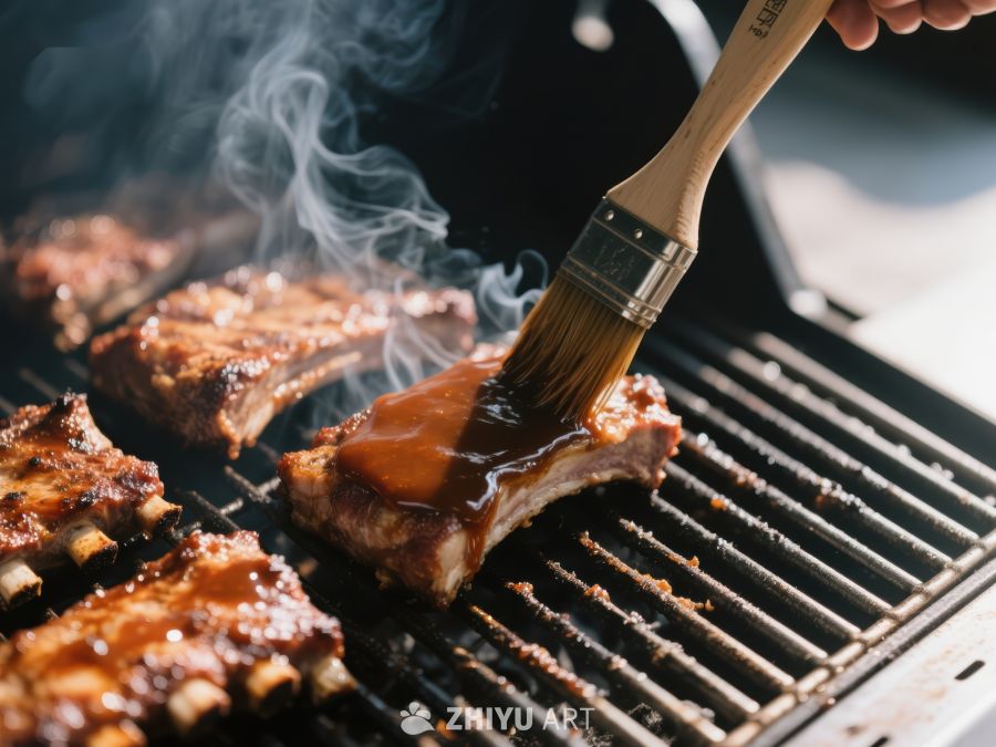 烧烤架上涂抹酱汁的排骨